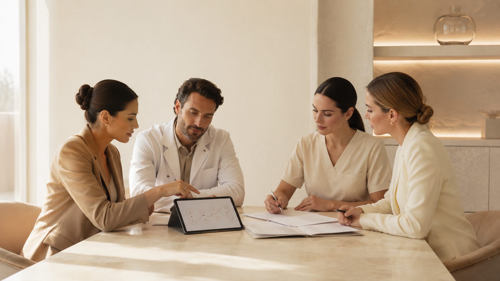 Equipe médica em reunião de acompanhamento